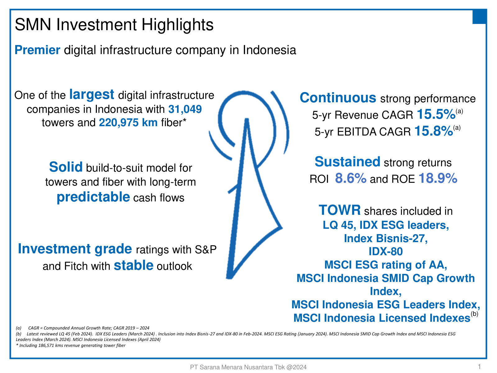 The investment case on one page: 31,049 towers, 220,975 km of fiber, mid-teens revenue/EBITDA CAGR and investment-grade ratings.